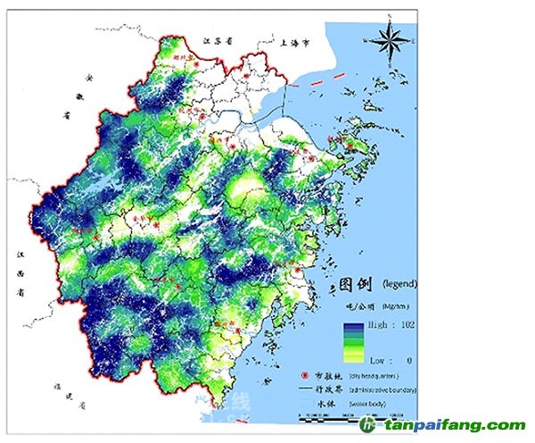 浙江省森林植被碳分布图