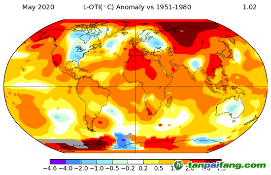 地图对比了2020年5月气温VS1951-1980年5月的平均温度，如图所示，北极圈内的西伯利亚部分地区和南极洲温度飙升。资料来源：联合国环境规划署世界环境情报室(WESR)