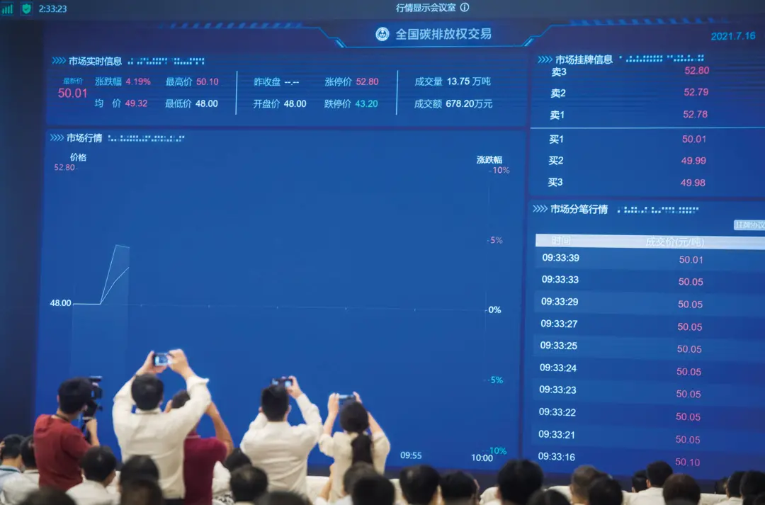 2021年7月16日，全国碳排放权交易市场上线交易启动仪式以视频连线形式举行，在北京设主会场，在上海和湖北设分会场。图/新华
