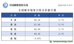 今日碳价：【CEA】全国碳市场每日综合价格行情及成交信息20260210